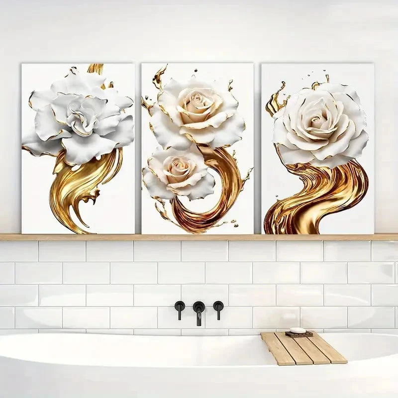 3pcs Golden And White Rose Abstract Flowers Metal Print Ready to Hang Art