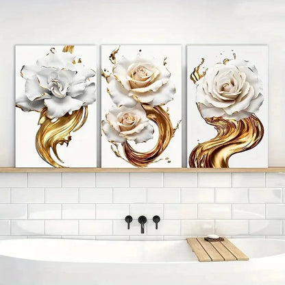 3pcs Golden And White Rose Abstract Flowers Metal Print Ready to Hang Art
