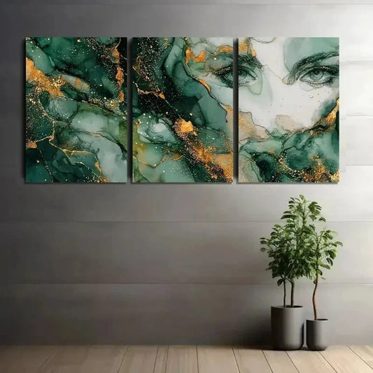 3pcs Dark Green And White Marble Style Painting Metal Print Ready to Hang Art