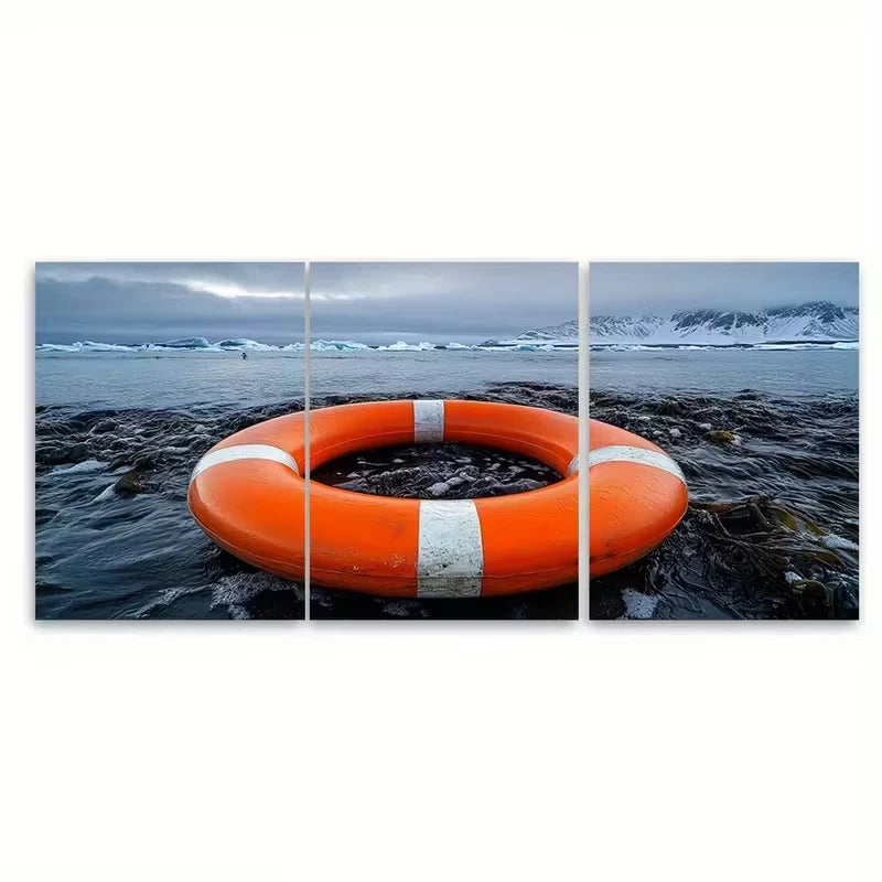 3pcs Bright Orange Lifebuoy Ring Metal Print Ready to Hang Art