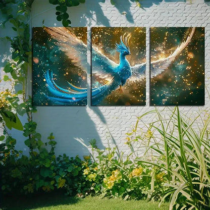 3pcs Vibrant Glowing Phoenix Illustration Metal Print Ready to Hang Art