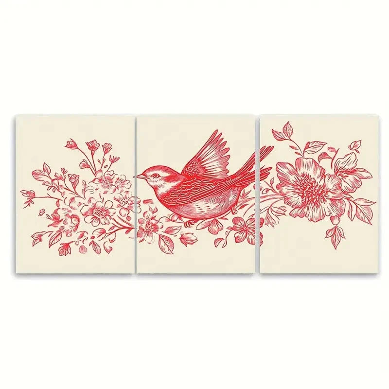 3pcs Vintage Folk Redwork Bird & Floral Print Metal Print Ready to Hang Art