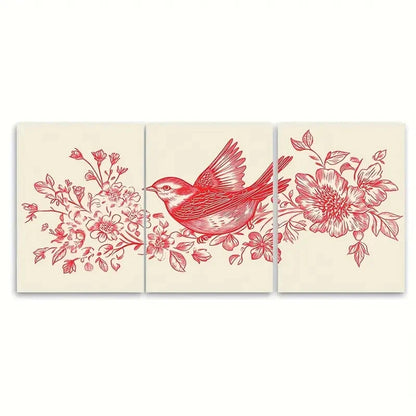 3pcs Vintage Folk Redwork Bird & Floral Print Metal Print Ready to Hang Art