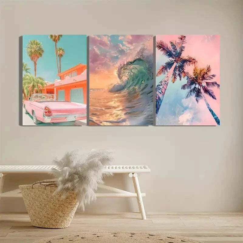 3pcs Tropical Beach & Palm Tree Watercolor Lands Metal Print Ready to Hang Art