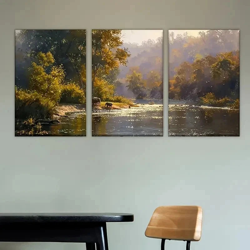 3pcs Vibrant Autumn Forest Scene with Deer Wall Art Set Canvas Framed 40x60cm - High Quality Print 100% Australian Made Wall Canvas Ready to Hang