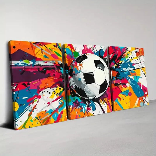 3pcs Colorful Soccer Ball with Dynamic Splashes Wall Art Set Canvas Framed 40x60cm - High Quality Print 100% Australian Made Wall Canvas Ready to Hang