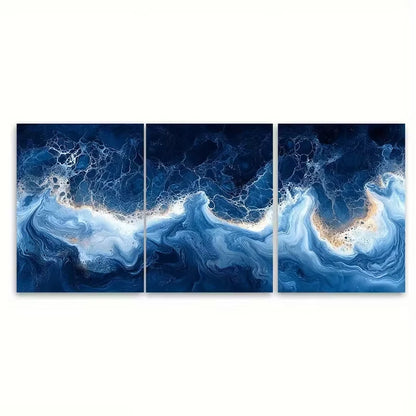 3pcs Ocean Inspired Blue and White Marbled Metal Print Ready to Hang Art