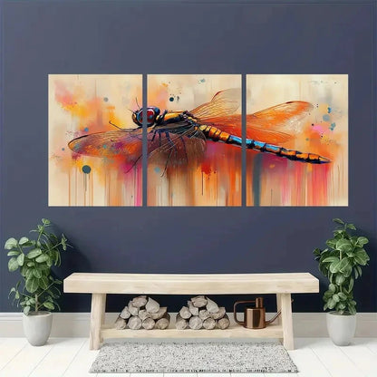 Colorful abstract dragonfly painting on a dark blue wall with a wooden bench and plants below.