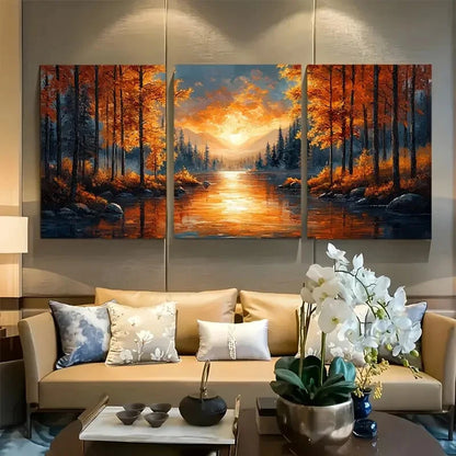 3pcs Vibrant Autumn Sunny Forest River Metal Print Ready to Hang Art