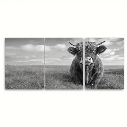 3pcs Black & White Rustic Scottish Highland Bull Wall Art Set Canvas Framed 60x90cm - High Quality Print 100% Australian Made Wall Canvas Ready to Hang