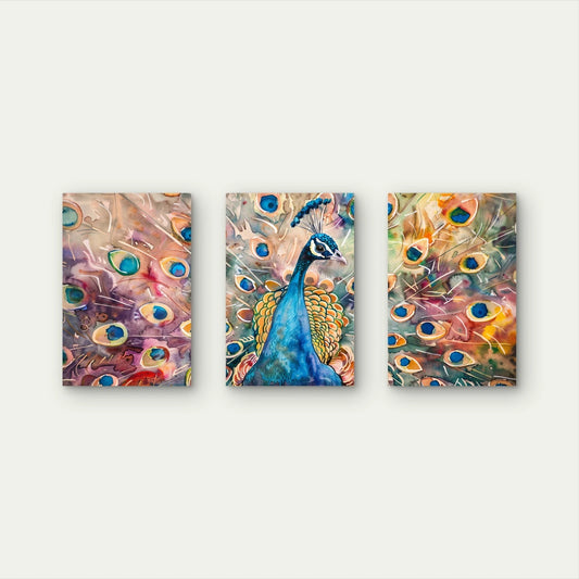 3pcs Watercolour Peacock Vibrant Feathers Wall Art Set Canvas Framed 50x70cm - High Quality Print 100% Australian Made Wall Canvas Ready to Hang