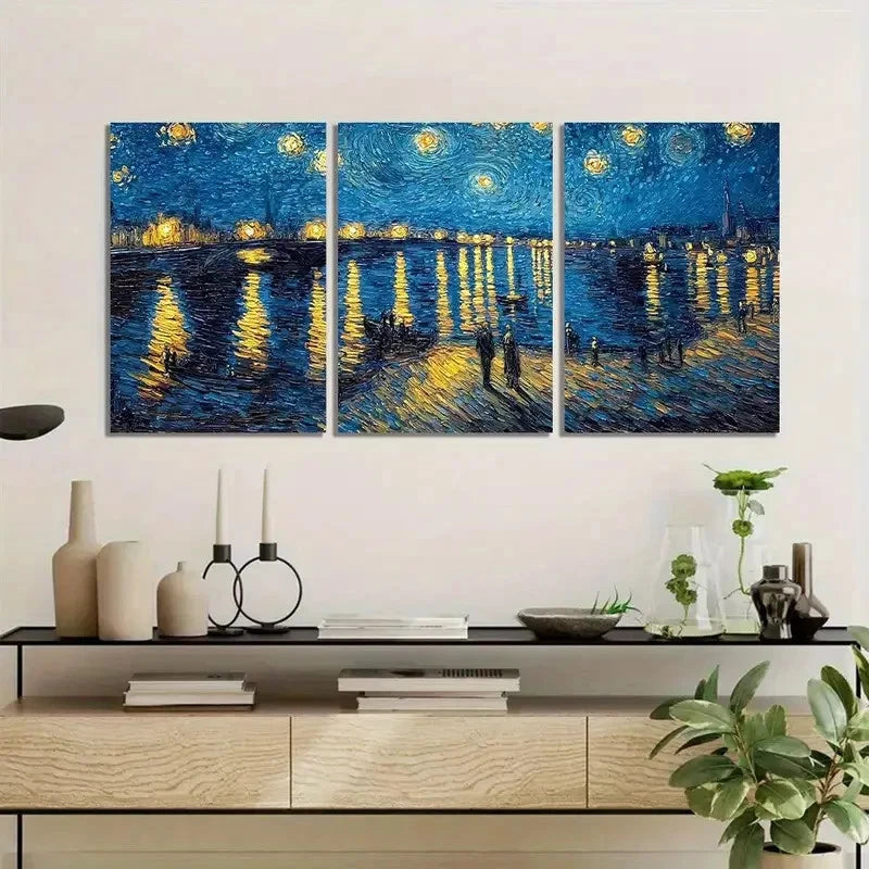 3pcs Starry Night Over River with Reflections Metal Print Ready to Hang Art