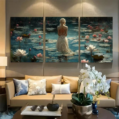 3pcs Woman in Lace Dress Romantic Floral Metal Print Ready to Hang Art