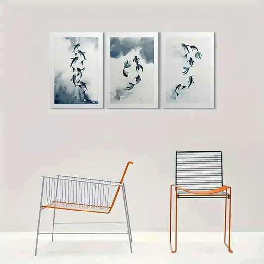 3pcs Swimming Fish in Blue and White Metal Print Ready to Hang Art