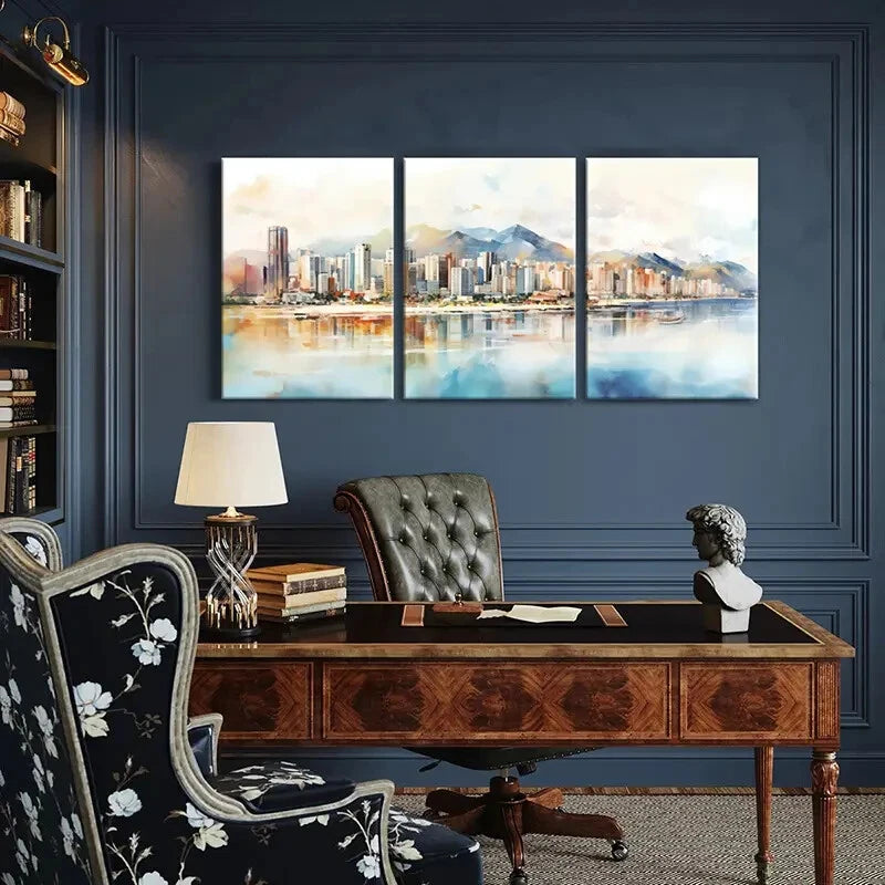 3pcs Cityscape Mountains Watercolor Style Metal Print Ready to Hang Art