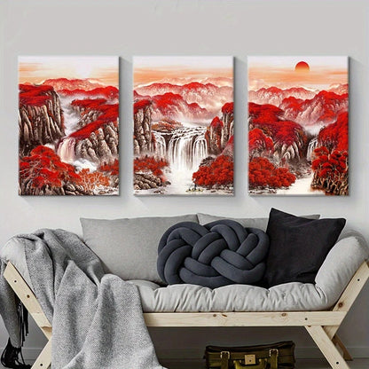3pcs Traditional Chinese Red Mountains Metal Print Ready to Hang Art