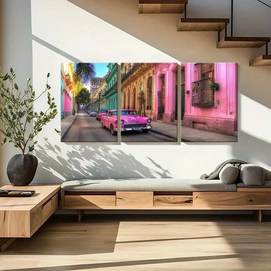 3pcs Vintage Pink Car & Colorful Buildings Metal Print Ready to Hang Art