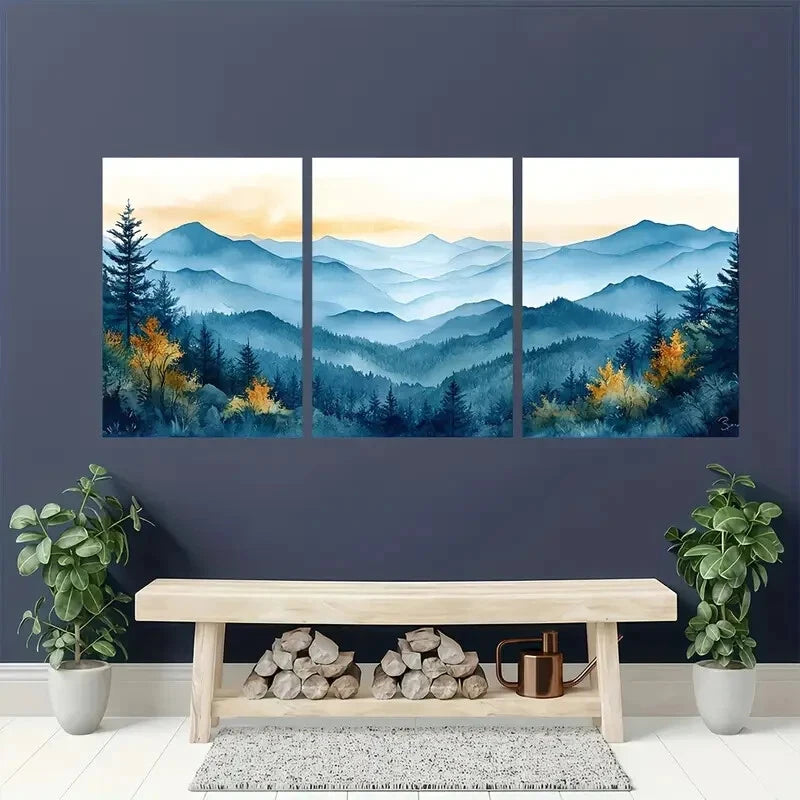 3pcs Watercolor Landscape Painting of North Metal Print Ready to Hang Art