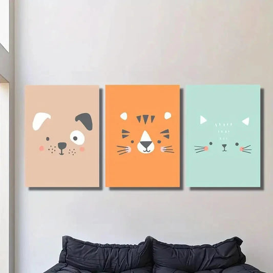 3pcs Brown Puppy, Cartoon Tiger, Cyan Kitten Metal Print Ready to Hang Art