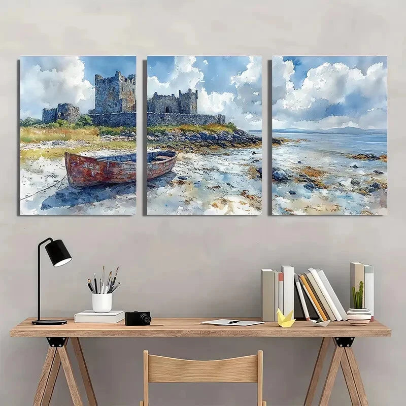 3pcs Dungaire Castle Galway Bay Ireland Watercolor Metal Print Ready to Hang Art
