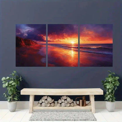 3pcs Sunset Beach Warm Orange & Dark Purple Sky Metal Print Ready to Hang Art