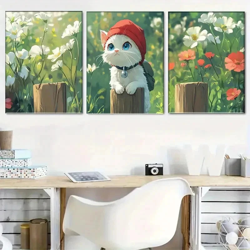 3pcs Charming White Cat in Flower Landscape Metal Print Ready to Hang Art