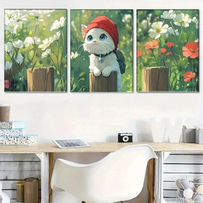 3pcs Charming White Cat in Flower Landscape Metal Print Ready to Hang Art