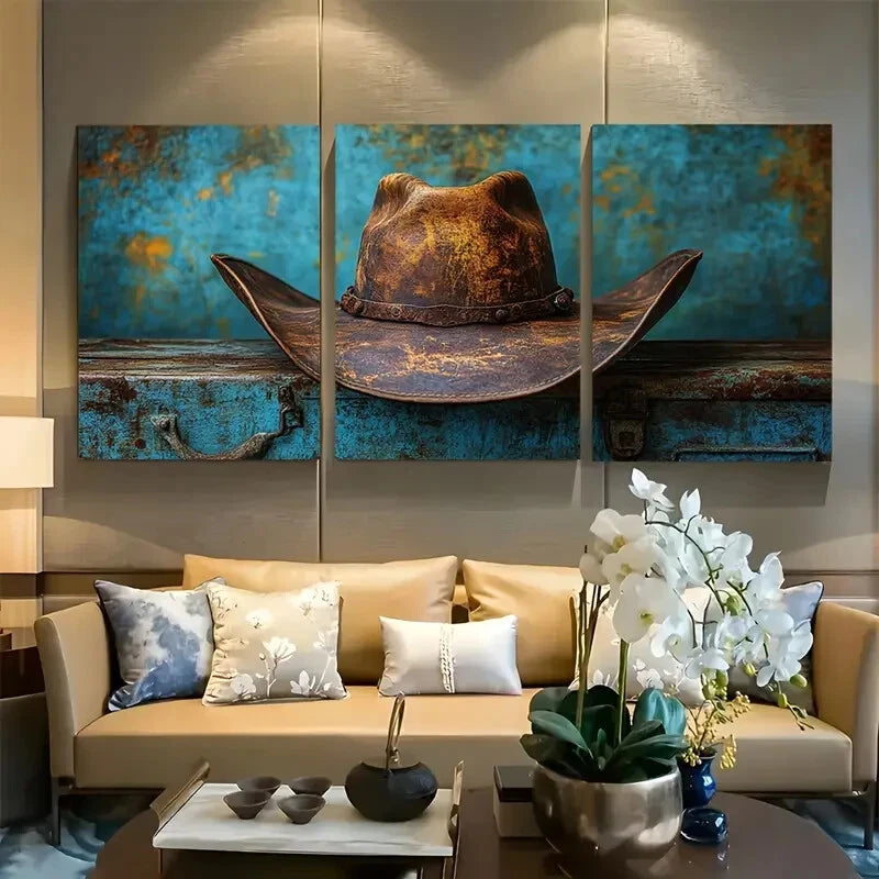 3pcs Vintage Rustic Cowboy Hat Metal Print Ready to Hang Art