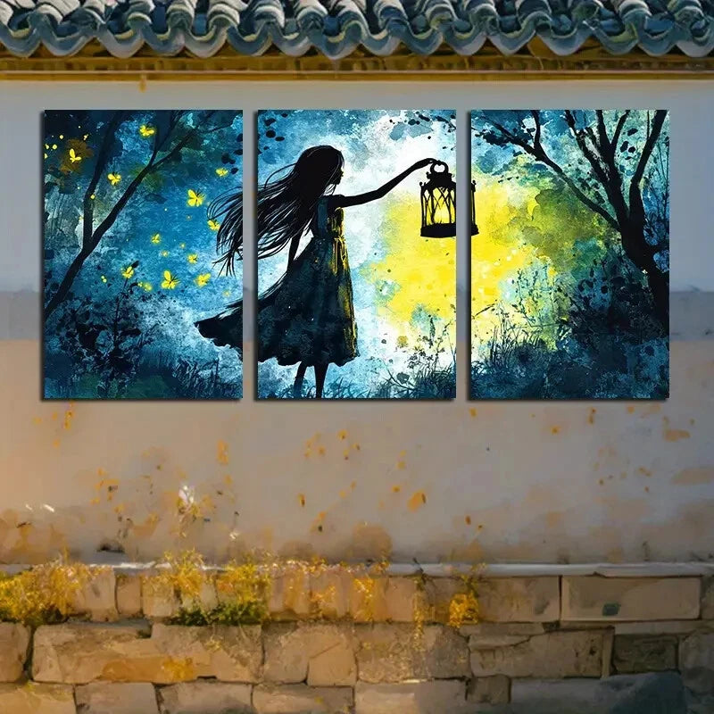 3pcs Enchanted Forest & Lantern Girl Metal Print Ready to Hang Art