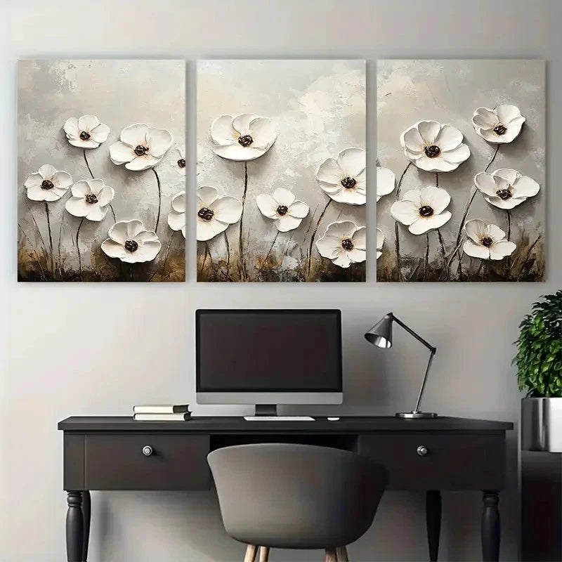 3pcs Floral Meadow White flowers Textured Design Metal Print Ready to Hang Art