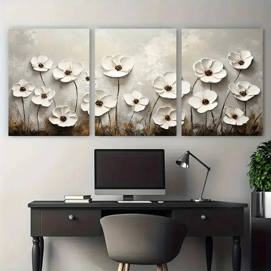3pcs Floral Meadow White flowers Textured Design Metal Print Ready to Hang Art