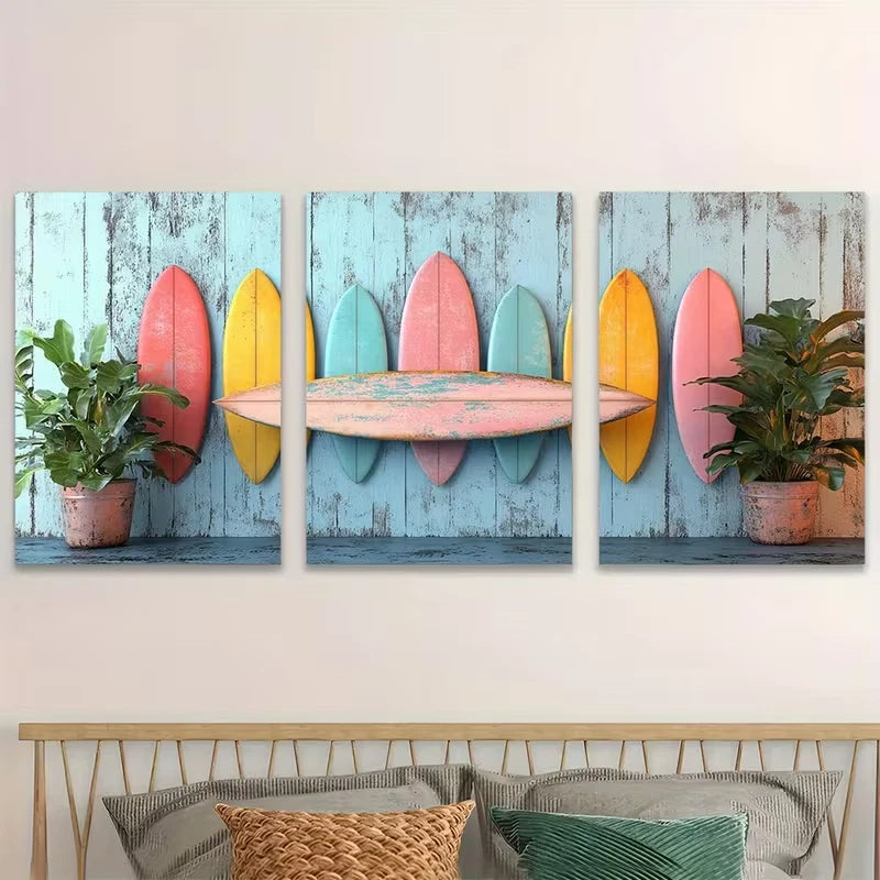 3pcs Color Palette Surfboard Lineup Wall Art Set Canvas Framed 60x90cm - High Quality Print 100% Australian Made Wall Canvas Ready to Hang