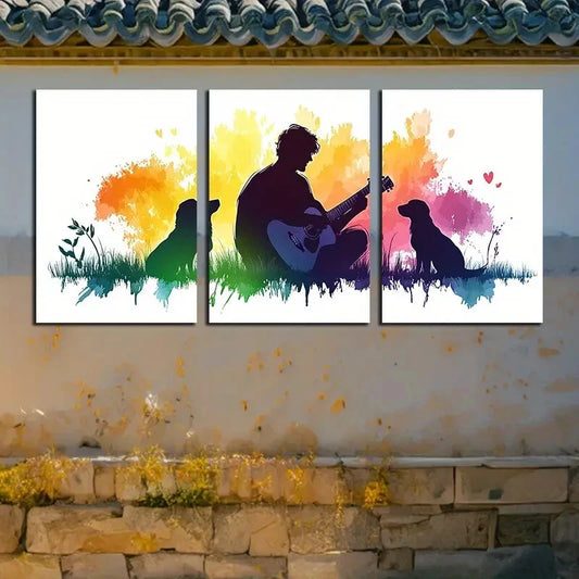 3pcs Vibrant Guitar Player & Dog Illustration Metal Print Ready to Hang Art