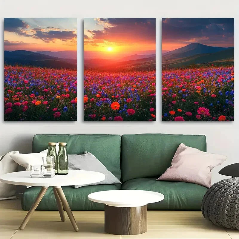 3pcs Wildflower Fields And Rolling Hills Sunset Metal Print Ready to Hang Art