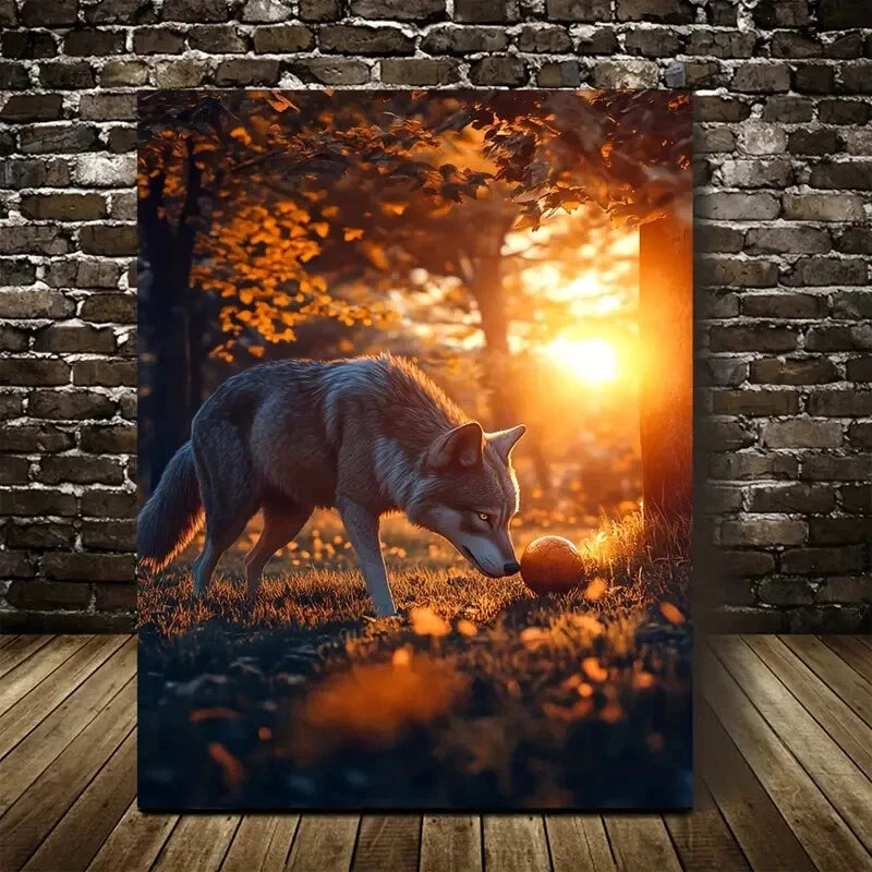 Wolf Playing with Ball Under Sunset Painting 40x60cm Metal Print Ready to Hang