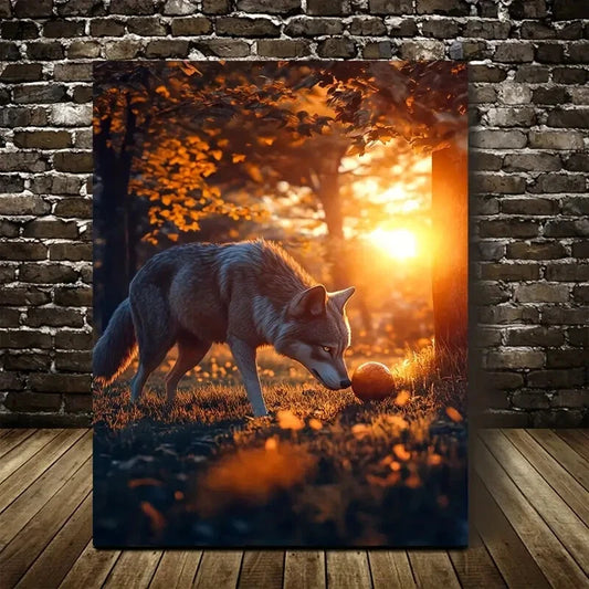 Wolf Playing with Ball Under Sunset Painting 40x60cm Metal Print Ready to Hang