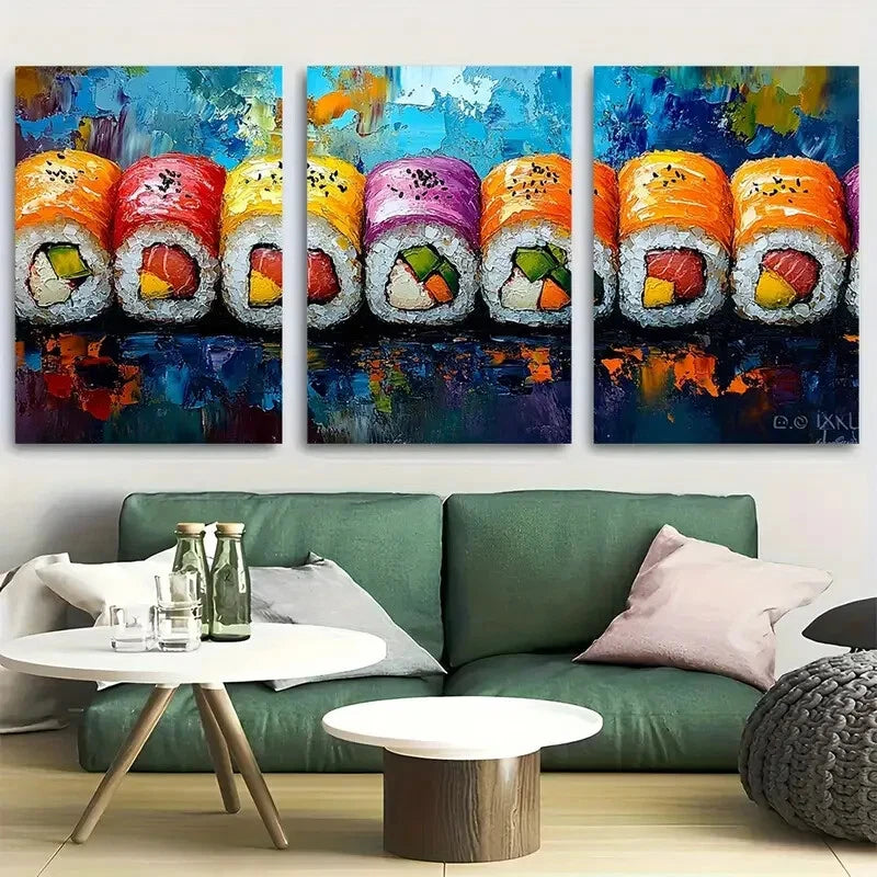 3pcs Vibrant Funky Kitchen Art Sushi Metal Print Ready to Hang Art
