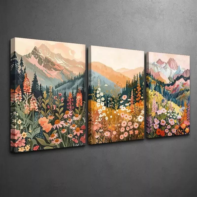 3pcs Floral & Forest Mountain with Wildflowers Canvas Framed 40x60cm - High Quality Print 100% Australian Made Wall Canvas Ready to Hang