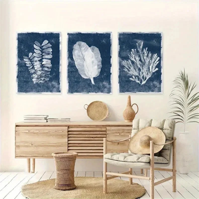 3pcs Blue Tropical Leaf and Coral Metal Print Ready to Hang Art