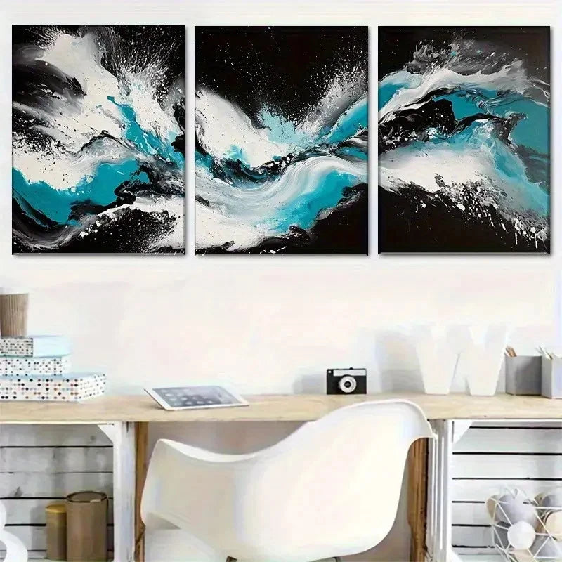 3pcs Vibrant Abstract Black White & Turquoise Metal Print Ready to Hang Art