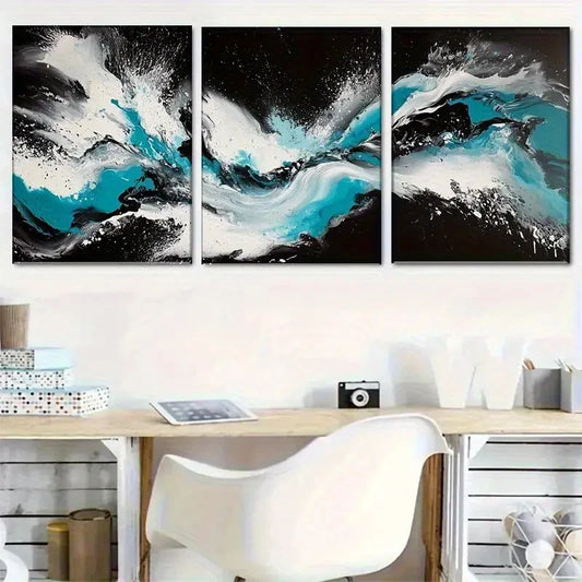 3pcs Vibrant Abstract Black White & Turquoise Metal Print Ready to Hang Art