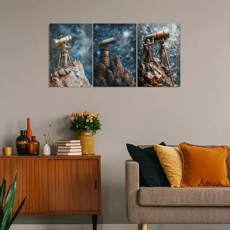 3pcs Astronaut Stargazing Old View Metal Print Ready to Hang Art