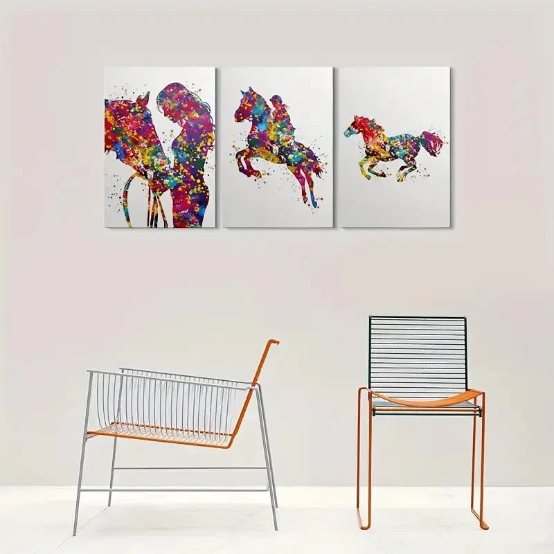 3pcs Colorful Horse and Rider Metal Print Ready to Hang Art