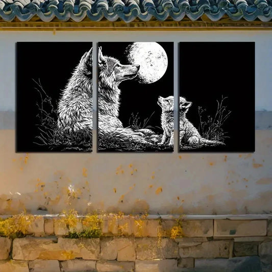3pcs Wolf Under the Moon with Baby Illustration Metal Print Ready to Hang Art
