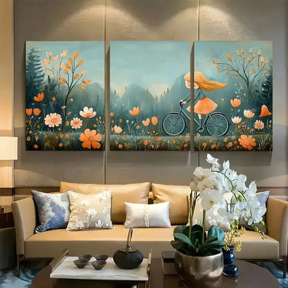 3pcs Biking Girl Nature Inspired Design Metal Print Ready to Hang Art