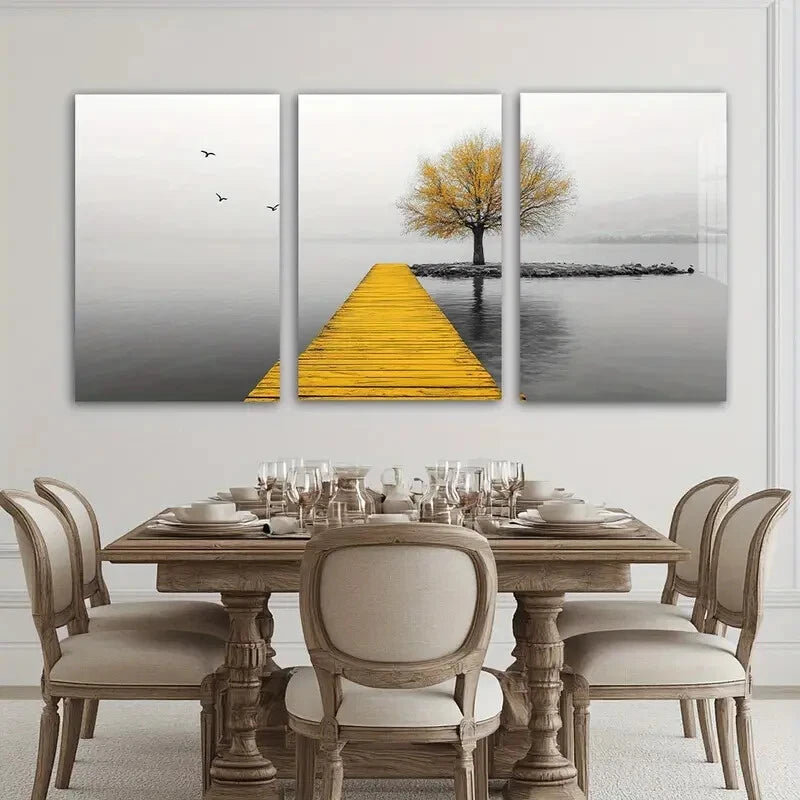 3pcs Golden Themed Seaside Birds and Trees Metal Print Ready to Hang Art