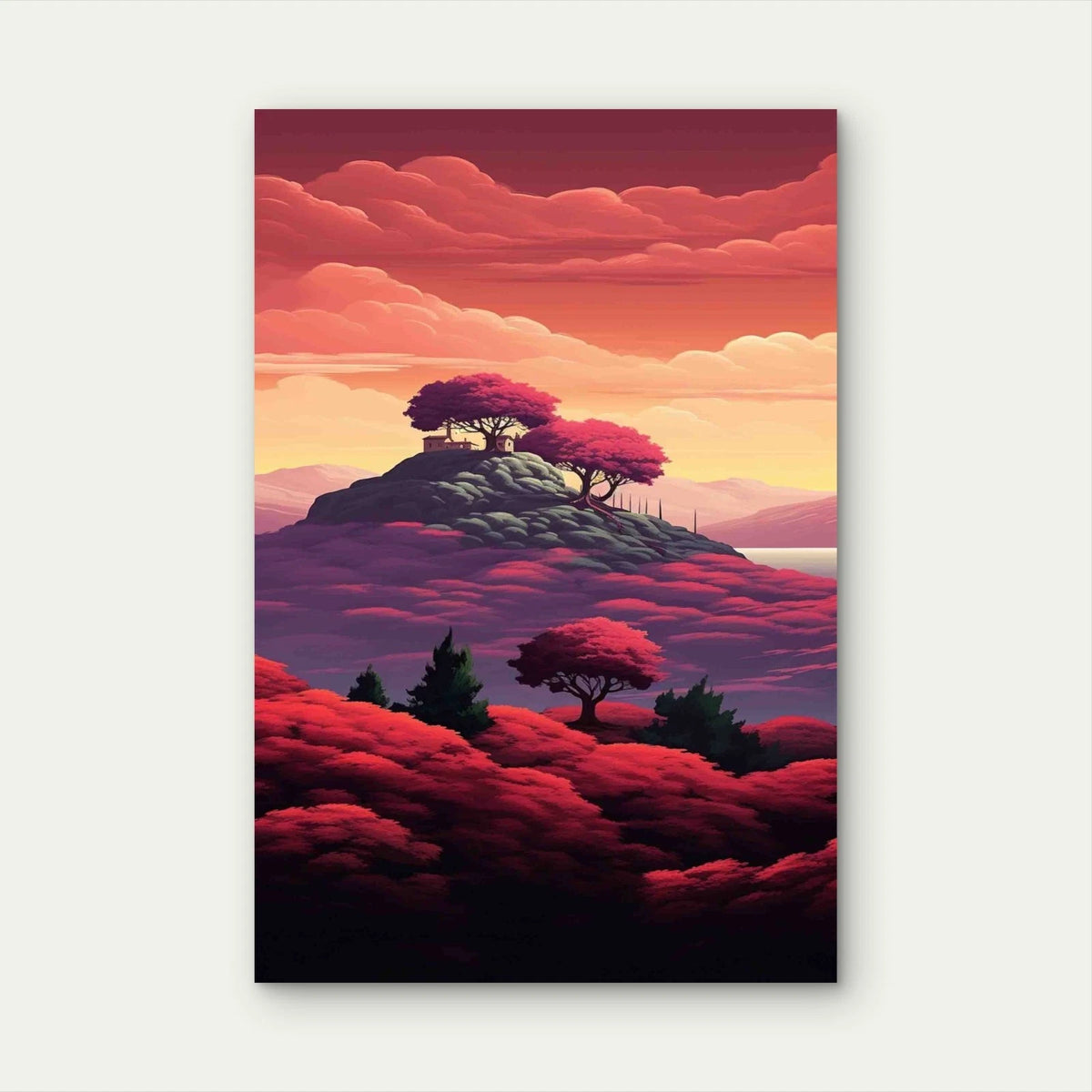 Three Trees Hill With Sunset 40x60cm Metal Print Ready to Hang