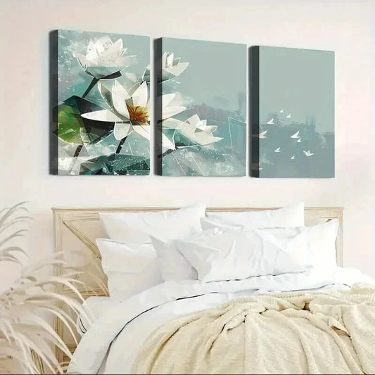 3pcs Serene Water Lily Flower Design Wall Art Set Canvas Framed 40x60cm - High Quality Print 100% Australian Made Wall Canvas Ready to Hang