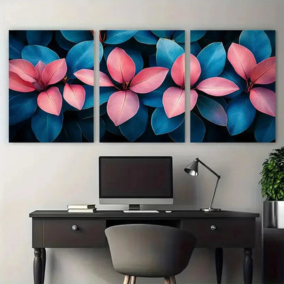 3pcs Tropical Jungle Foliage Pink Blue Teal Leaves Metal Print Ready to Hang Art