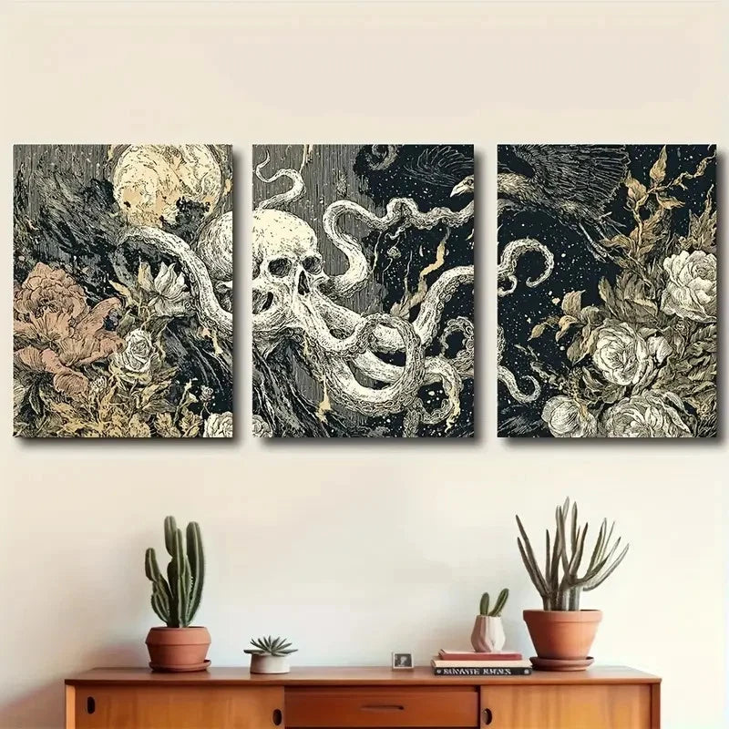 3pcs Octopus Grasping Smoke by Death Line Drawing Metal Print Ready to Hang Art
